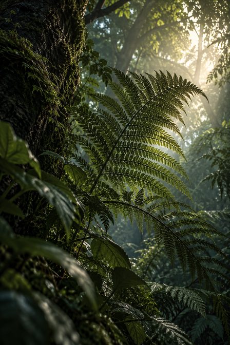 Concept artwork: a close fern frond crosses a mossy tree trunk beneath soft woodland light. A separate speculative art study, not a confirmed game environment.
