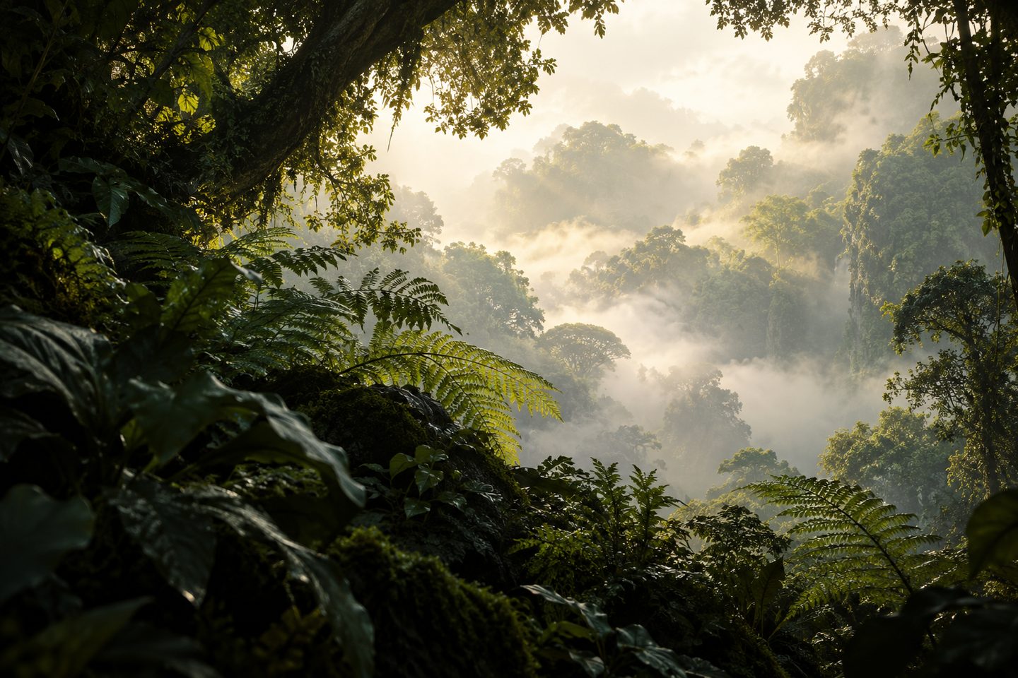 Concept artwork: sunlit foliage overlooks a misty tree canopy. A speculative website art study, not gameplay or a confirmed game environment.